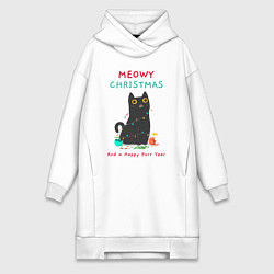 Женское худи-платье Meowy Christmas and a happy purr year, цвет: белый