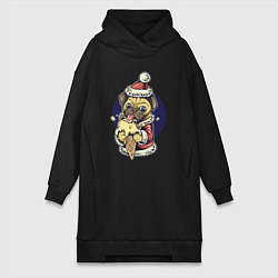 Женское худи-платье Новогодний мопс с мороженым, цвет: черный