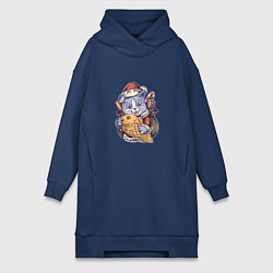Женское худи-платье Новогодний котик с рыбкой, цвет: тёмно-синий
