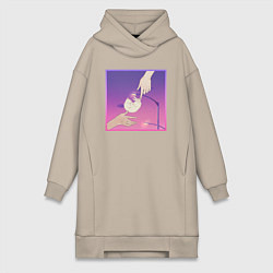 Женское худи-платье Нежный котик под фонарём в стиле аниме, цвет: миндальный