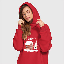 Женское худи-платье Зимний домик, цвет: красный — фото 2
