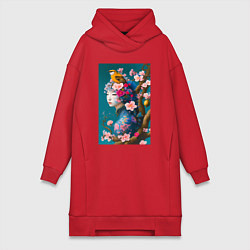 Женское худи-платье Девушка с птицей на фоне цветущей сакуры, цвет: красный