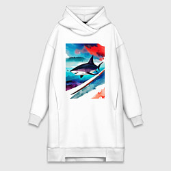 Женское худи-платье Shark - watercolor - art, цвет: белый