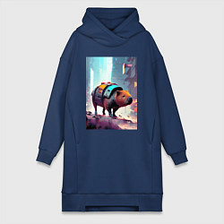 Женское худи-платье Капибара в мегаполисе - киберпанк, цвет: тёмно-синий