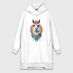 Женское худи-платье Красивая лама с цветами и перьями, цвет: белый