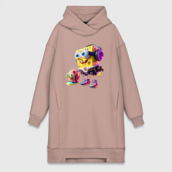 Женское худи-платье Губка Боб и улитка Гэри - киберпанк, цвет: пыльно-розовый