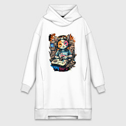 Женское худи-платье Котейка геймер, цвет: белый