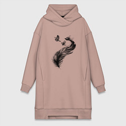 Женское худи-платье Большое перо и три птицы, цвет: пыльно-розовый