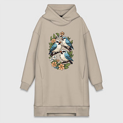 Женская толстовка-платье Три птицы на ветках в цветах