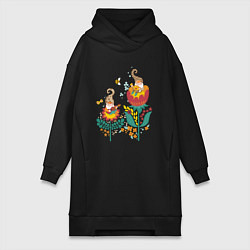 Женское худи-платье Милые гномы в цветах, цвет: черный