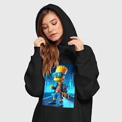 Женское худи-платье Барт Симпсон в неоновом городе со скейтбордом - не, цвет: черный — фото 2