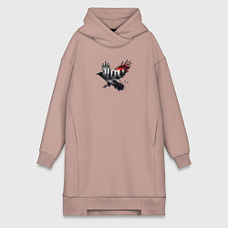 Женское худи-платье Черный ворон и город эффект двойной экспозиции, цвет: пыльно-розовый