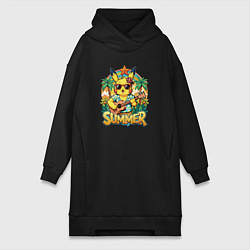 Женское худи-платье Пикачу с гитарой на гаваях - жаркое лето, цвет: черный