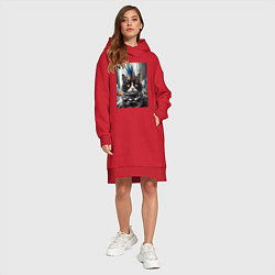 Женское худи-платье Кот панк с разноцветным хаером - Нью-Йорк, цвет: красный — фото 2