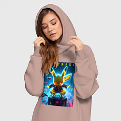 Женское худи-платье Cyber Pikachu - neon glow ai art, цвет: пыльно-розовый — фото 2