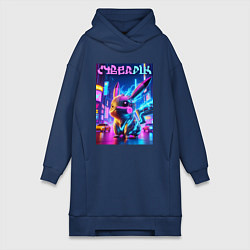 Женское худи-платье Кибер Пикачу - неоновое свечение, цвет: тёмно-синий