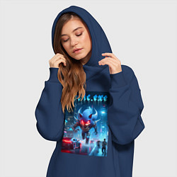 Женское худи-платье Ёжик монстр в ночном мегаполисе - неоновое свечени, цвет: тёмно-синий — фото 2