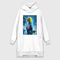 Женское худи-платье Чувак Барт Симпсон со скейтбордом под дождём - ней, цвет: белый