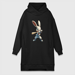 Женское худи-платье Бейсбольный зайчик, цвет: черный