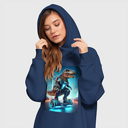 Женское худи-платье Cyber tyrannosaur on a hoverboard - neon glow fant, цвет: тёмно-синий — фото 2