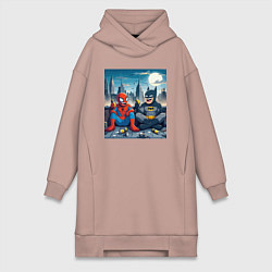 Женское худи-платье Человек паук и Бэтмен пьют пиво на крыше небоскрёб, цвет: пыльно-розовый