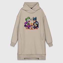 Женское худи-платье Джокер и Бэтмен пьют пиво за столом, цвет: миндальный