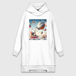 Женское худи-платье Чаепитие крылатого слона - психоделика, цвет: белый