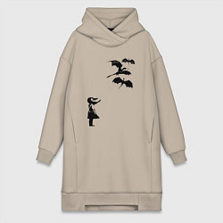 Женское худи-платье Девочка и дракончики, цвет: миндальный