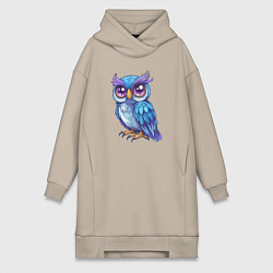 Женское худи-платье Сова с фиолетовыми глазами, цвет: миндальный