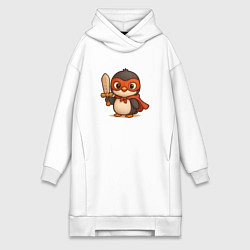 Женское худи-платье Маленький пингвин супергерой с мечем, цвет: белый