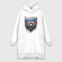 Женское худи-платье Флаг России и медведь, цвет: белый