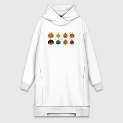 Женское худи-платье Разноцветные тыквы Джека на Хэллоуин, цвет: белый
