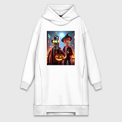 Женское худи-платье Бендер и Фрай в шляпе - ночь на хэллоуин, цвет: белый