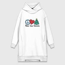 Женское худи-платье Мир, любовь, Рождество, цвет: белый