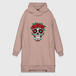 Женское худи-платье Расписной женский череп, цвет: пыльно-розовый