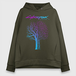 Толстовка оверсайз женская ДЕРЕВО CYBERPUNK 2077, цвет: хаки