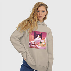 Толстовка оверсайз женская Кот и лапша, цвет: миндальный — фото 2