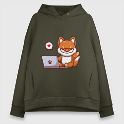 Толстовка оверсайз женская Cute fox and laptop, цвет: хаки