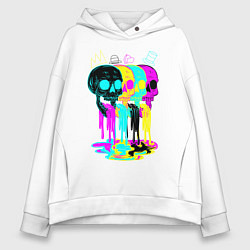 Толстовка оверсайз женская 4 ЧЕРЕПА SKULLS NEON, цвет: белый