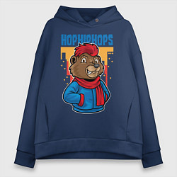 Толстовка оверсайз женская Медведь с красным шарфом, цвет: тёмно-синий