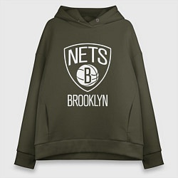 Толстовка оверсайз женская Бруклин Нетс логотип, цвет: хаки