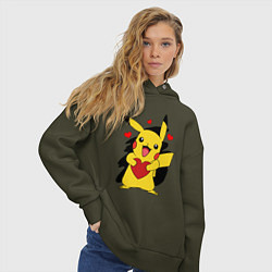 Толстовка оверсайз женская ПИКАЧУ И СЕРДЕЧКО POKENON PIKACHU LOVE, цвет: хаки — фото 2