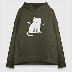 Толстовка оверсайз женская КОТИК АНГЕЛ CAT ANGEL, цвет: хаки