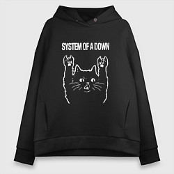 Толстовка оверсайз женская System of a Down Рок кот, цвет: черный