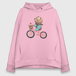 Толстовка оверсайз женская Медведь с цветами на велосипеде, цвет: светло-розовый