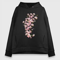 Толстовка оверсайз женская Весна Цветущая сакура Japan, цвет: черный