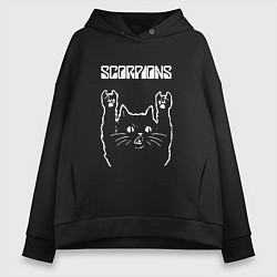 Толстовка оверсайз женская Scorpions Скорпионс Рок кот, цвет: черный