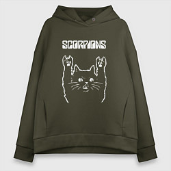 Толстовка оверсайз женская Scorpions Скорпионс Рок кот, цвет: хаки