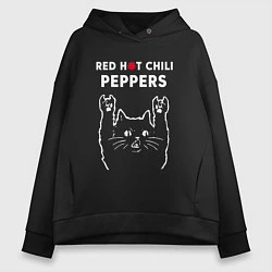 Толстовка оверсайз женская Red Hot Chili Peppers Рок кот, цвет: черный