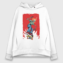 Женское худи оверсайз Fire skull Skateboarding man on a red background E